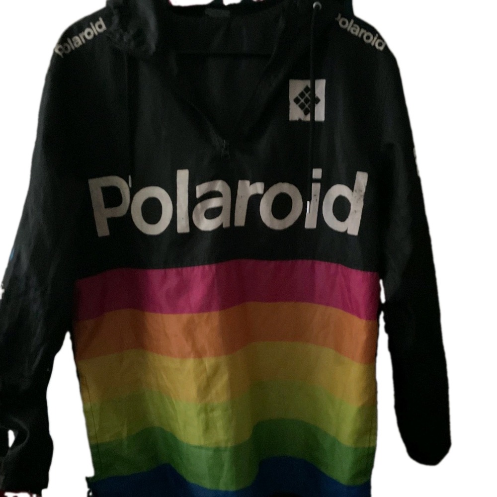 Polaroid OneStep Rainbow Windbreaker Jacket Hooded Quarter Zip Black Mens Small